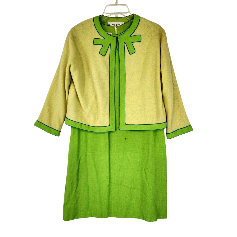 Vintage 60s MOD Royal Lynne Dress Jacket Set 16 Green Yellow Hong Kong FLAWS
